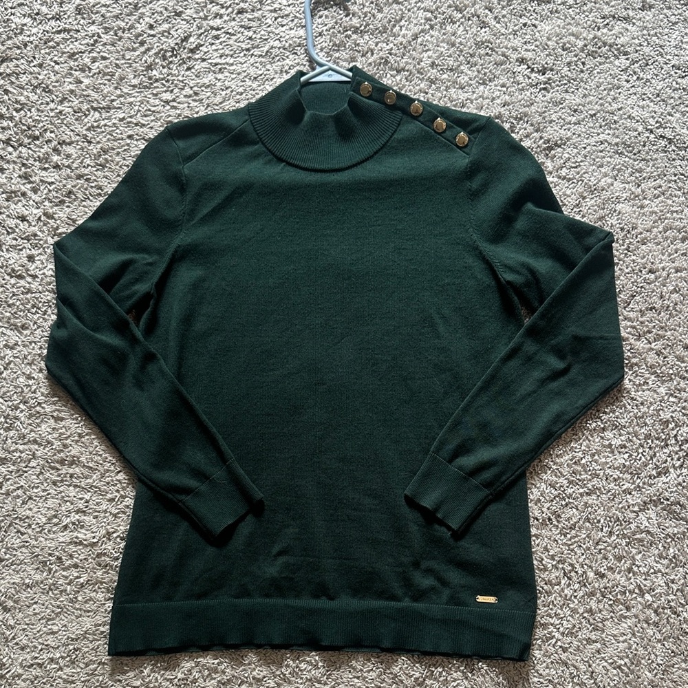 Calvin Klein Forest Green Turtleneck Sweater with Gold Buttons